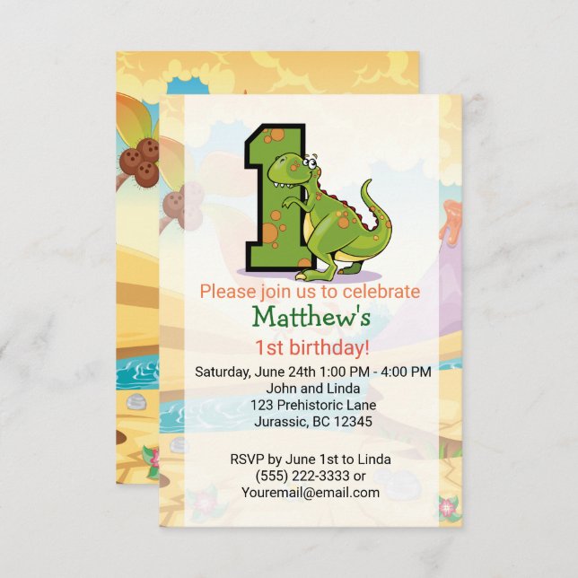 Dinosaur 1. Geburtstag Custom Einladung (Vorne/Hinten)