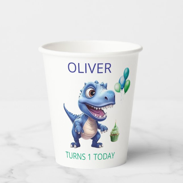 Dinosaur 1. Geburtstag Papiertassen Junge  Persona Pappbecher (Vorderseite)
