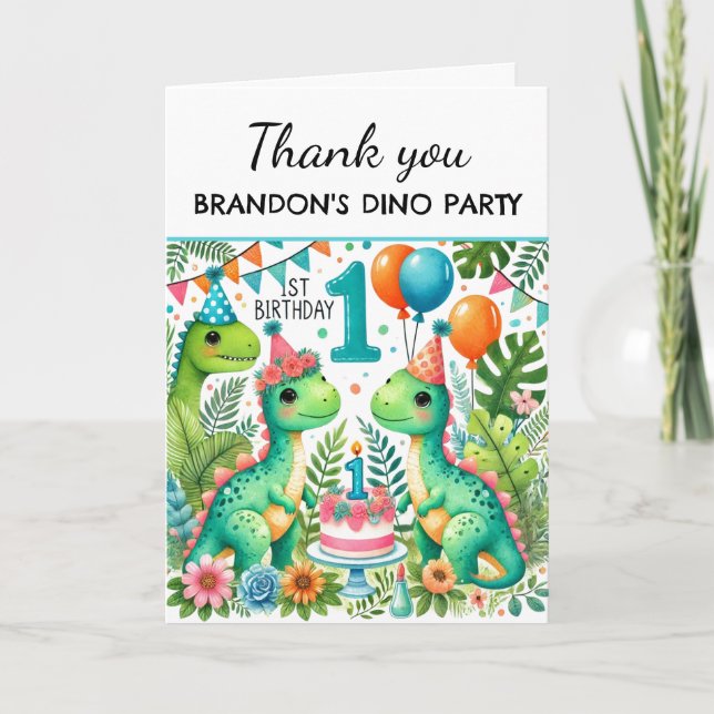 Dinosaur 1. Geburtstag Party Boy Dino Niedlich Dankeskarte (Vorderseite)