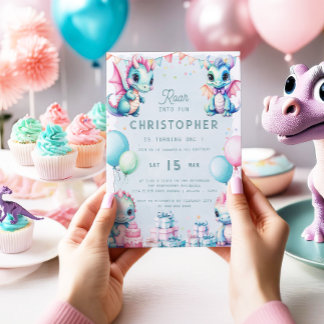 Dinosaur 1. Geburtstag Pastel Niedlich Dino Dragon Einladung