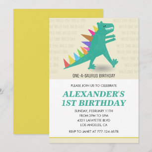 Dinosaur 1. Geburtstagseinladung Regenbogen T-Rex Einladung