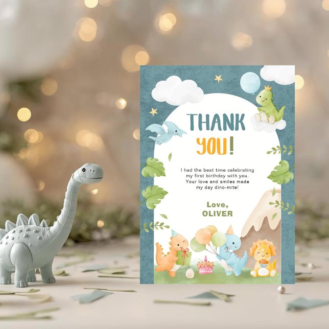 Dinosaur 1st Birthday Blue Dankeskarte (Von Creator hochgeladen)