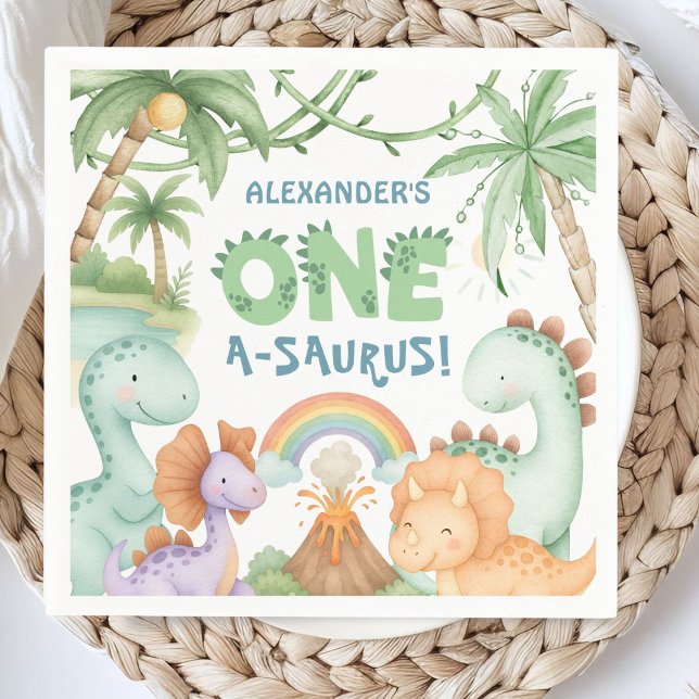 Dinosaur 1st Birthday One A-Saurus Boy Dino Paper Serviette (Von Creator hochgeladen)