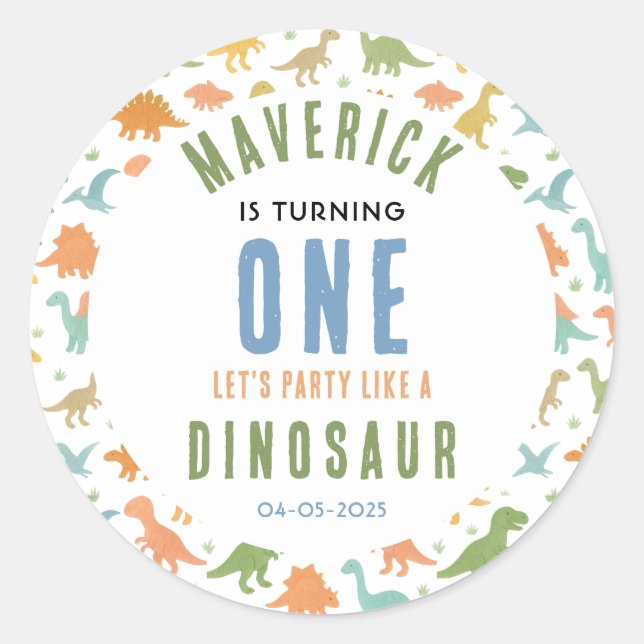 Dinosaur 1st Birthday Party | Cute Prehistoric  Runder Aufkleber (Vorderseite)