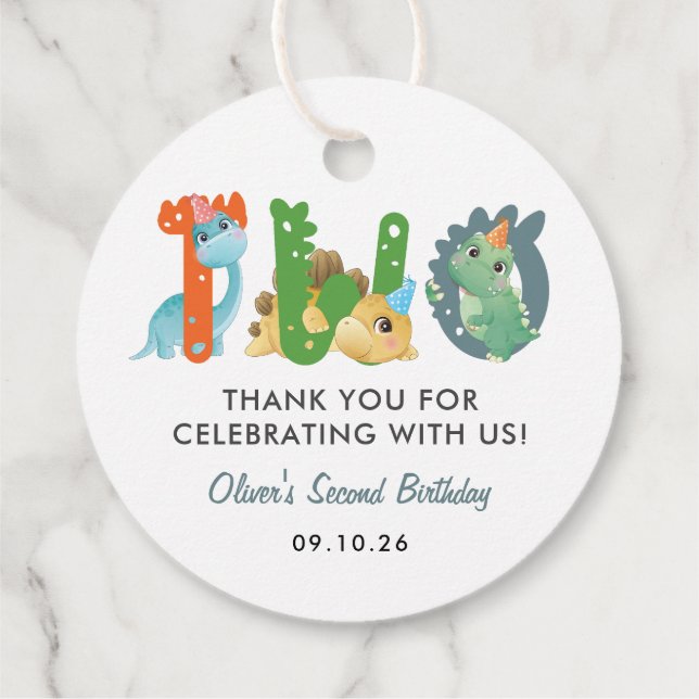 Dinosaur 2. Geburtstag Danke Geschenkanhänger (Rückseite)