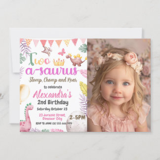 Dinosaur 2. Geburtstag Foto Zwei-A-Saurus Girl Einladung