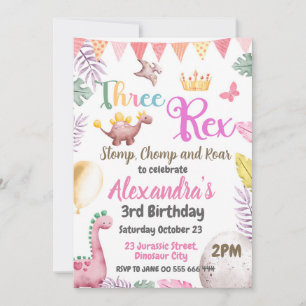 Dinosaur 3. Geburtstag Drei-Rausch-Mädchen-Einladu Einladung