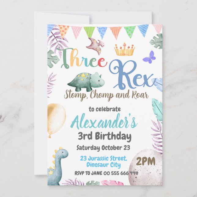 Dinosaur 3. Geburtstag Drei Rex Junge Einladung (Vorderseite)