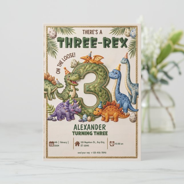 Dinosaur 3. Geburtstag Three-Rex Party 3. Geburtst Einladung (Stehend Vorderseite)