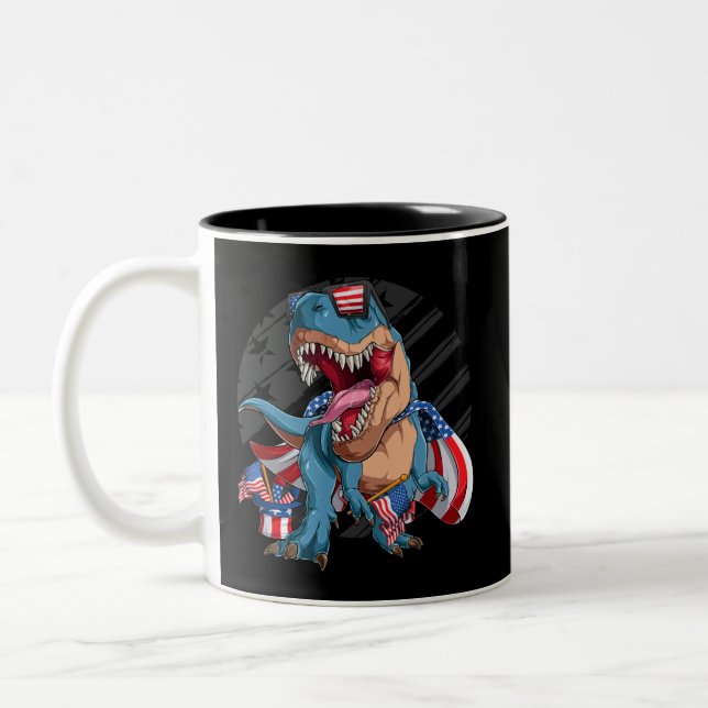 Dinosaur 4. Juli American Superhero T - Shirt Zweifarbige Tasse (Links)