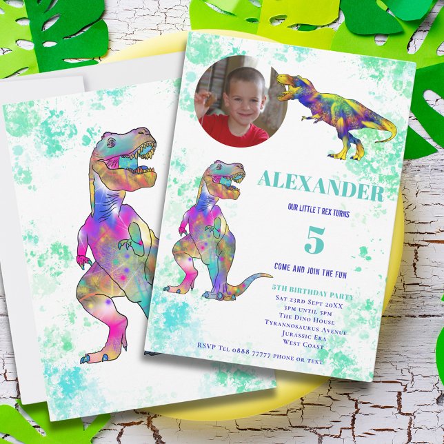 Dinosaur 5. Geburtstag Foto Einladung (Dinosaur colorful T-Rex 5th birthday party invitation with photo template )