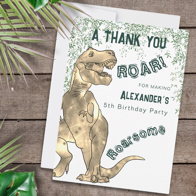 Dinosaur 5. Geburtstagsparty Danke (Dinosaur 5th birthday party thank you for being roarsome custom card with T-Rex jungle roar)