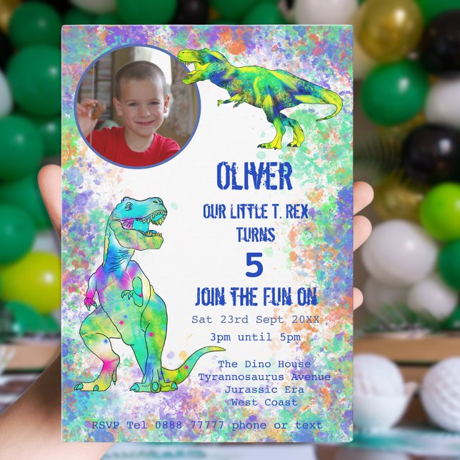 Dinosaur 5. Geburtstagsparty Einladung (T-Rex dinosaur photo 5th birthday invitation with colorful watercolor splash background )