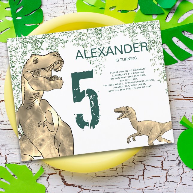 Dinosaur 5. Geburtstagsparty - Einladung (Dinosaur 5th birthday party budget invitation with T-Rex and velociraptor dino watercolor )