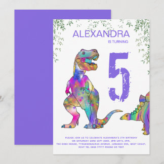 Dinosaur 5. Geburtstagsparty für Mädchen lila Einladung