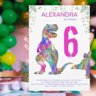 Dinosaur 6. Geburtstagsfeier für Mädchen pink Einladung