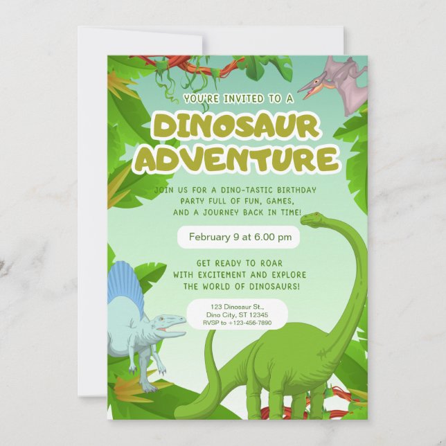 Dinosaur-Abenteuer-Geburtstagsfeier Einladung (Vorderseite)
