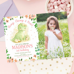Dinosaur Aquarell Rosa Florales Foto Geburtstag Einladung