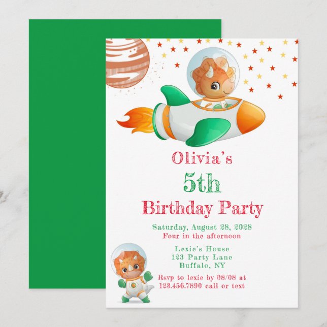 Dinosaur Astronaut Rocketship Girl Geburtstagspart Einladung (Vorne/Hinten)
