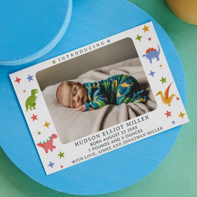 Dinosaur Baby Boy Foto Geburtskarte Ankündigung (Dinosaur birth announcement card)