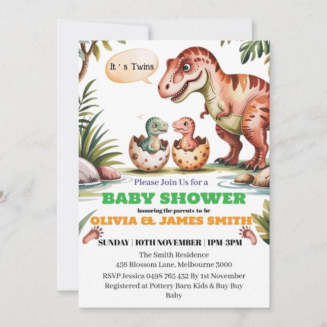 Dinosaur Baby Dusche für Twins Custom Einladung (Vorderseite)