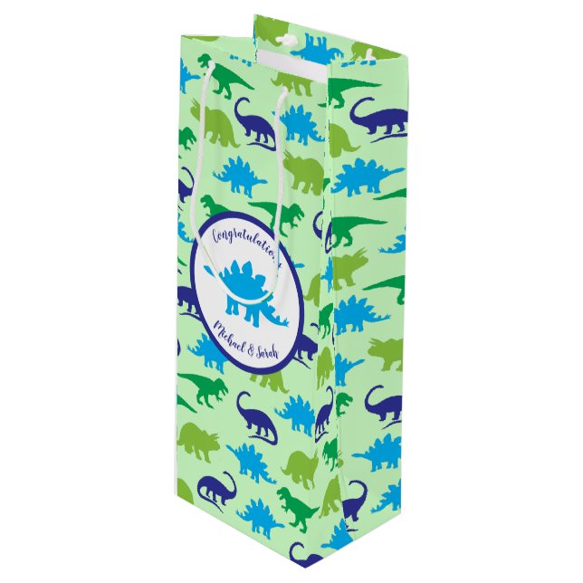 Dinosaur Baby Dusche Geschenktüte Für Weinflaschen (Vorderseite Schrägansicht)