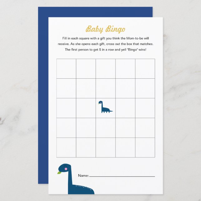 Dinosaur Baby Dusche Spiel Bingo Aktivität (Vorne/Hinten)