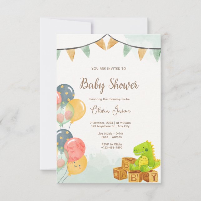 Dinosaur Baby Shower Invitation | Green & Yellow  Einladung (Vorderseite)