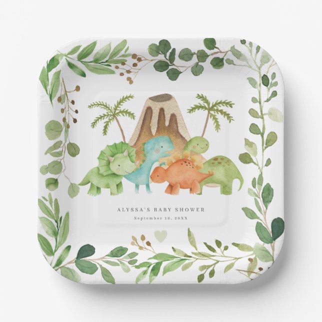 Dinosaur-Baby-Shower-Papierplatten Pappteller (Vorderseite)