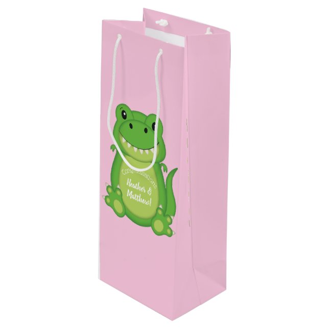 Dinosaur Baby Shower T-Rex Pink Girl Geschenktüte Für Weinflaschen (Vorderseite Schrägansicht)