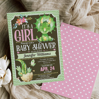 Dinosaur Babydusche Einladung Mädchen, grün & rosa