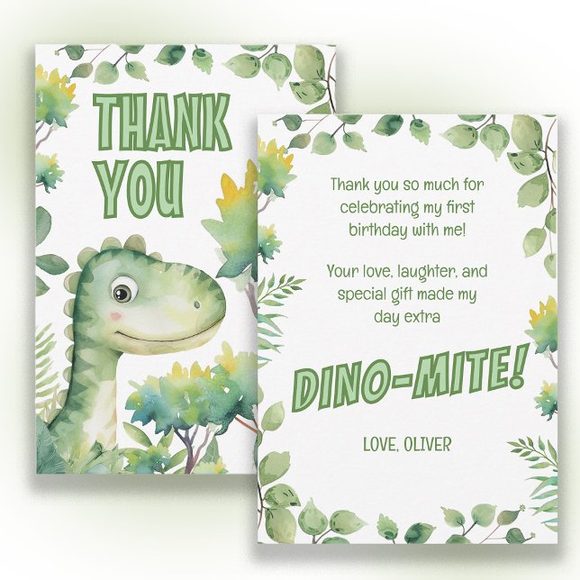 Dinosaur Baby's 1. Geburtstag Dino-Mite Vielen Dan Dankeskarte (Cute dinosaur 1st birthday party "Thank you" card. )