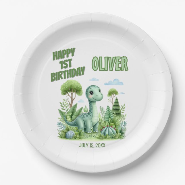 Dinosaur Baby's 1. Geburtstag Pappteller (Vorderseite)