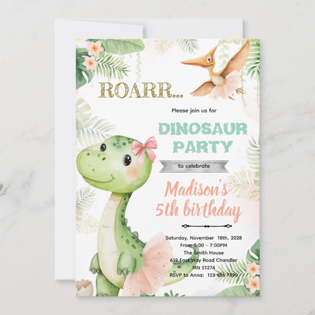 Dinosaur ballerina birthday party invitation einladung (Vorderseite)