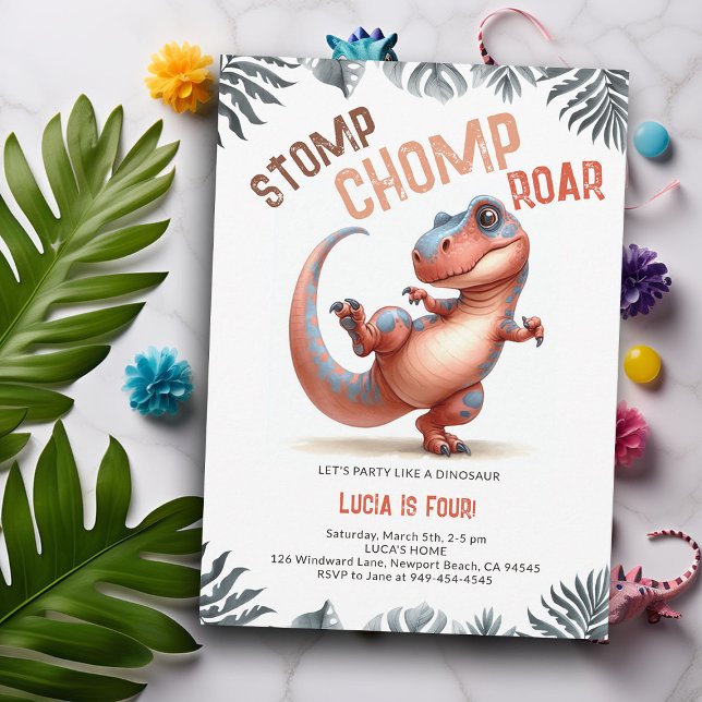 Dinosaur bewegt Coolen Stomp Chomp Roar Kindergebu Einladung (Dinosaur kids birthday invitation dino stomp chomp roar pre historic jungle hip dance party cute fun)