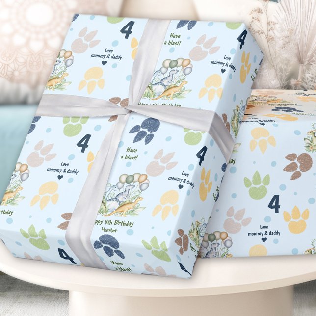 Dinosaur Birthday Blue Green Boy Individuelle Name Geschenkpapier (Dinosaur Birthday Blue Green Boy Custom Name Text Wrapping Paper)