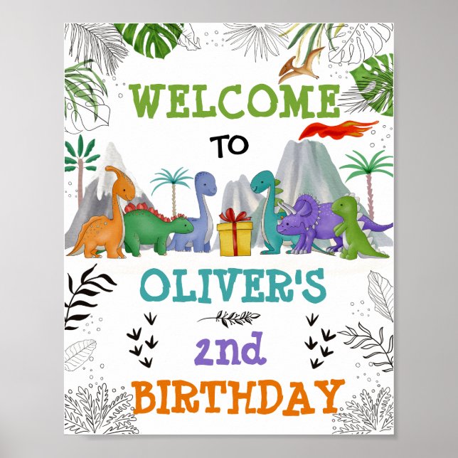 Dinosaur Birthday Dschungel Blätter Party Willkomm Poster (Vorne)