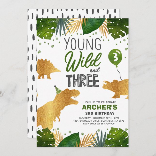 Dinosaur Birthday Einladen Wild und Drei-Dino-Part Einladung (Vorne/Hinten)