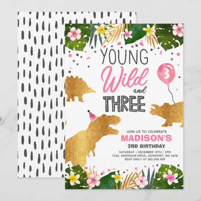 Dinosaur Birthday Einladen Wild und Drei-Dino-Part Einladung (Vorne/Hinten)