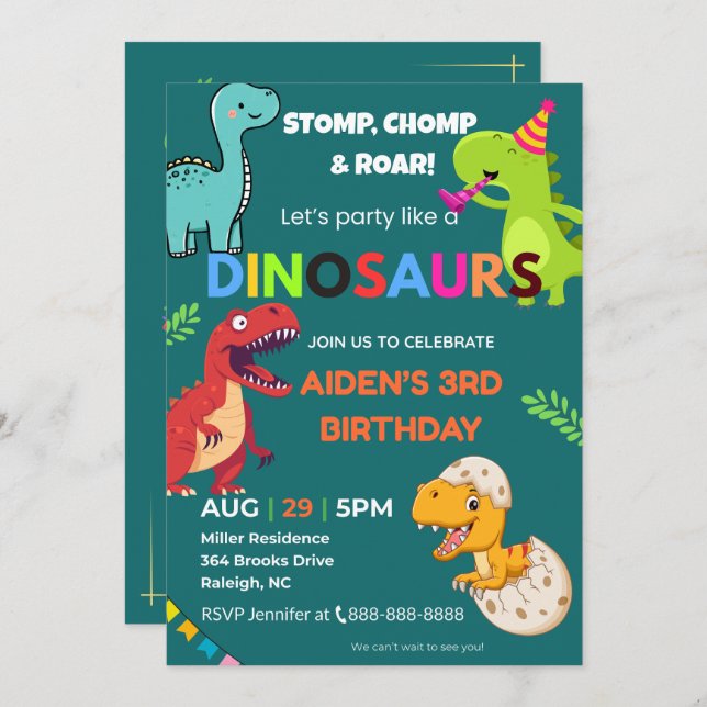 Dinosaur Birthday Einladung - Bearbeitbar | Flachw (Vorne/Hinten)