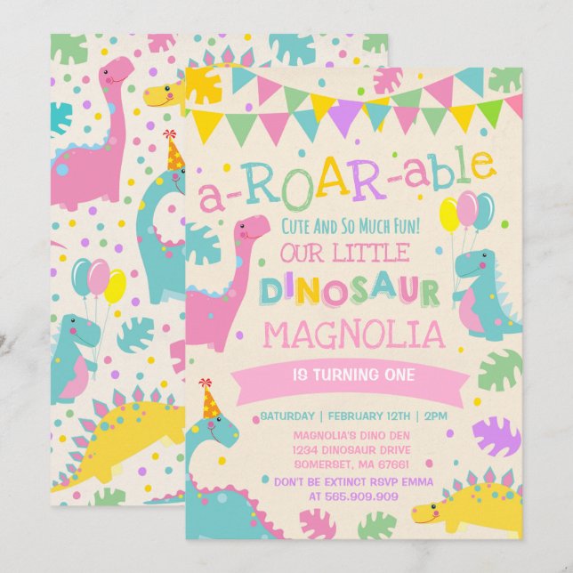 Dinosaur Birthday Einladung Girl Dinosaur Party (Vorne/Hinten)