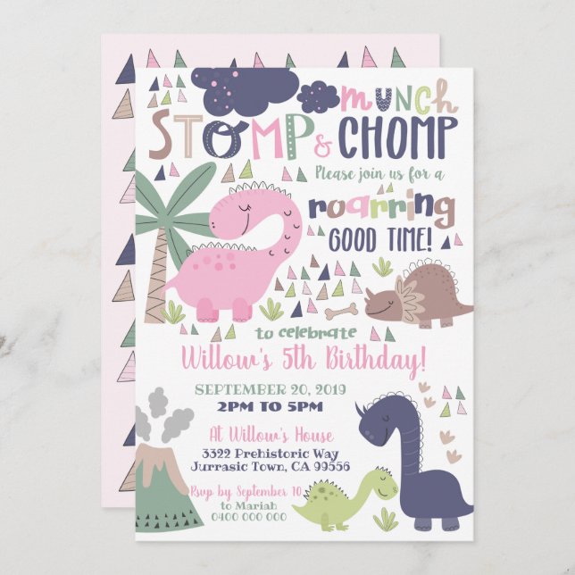 Dinosaur Birthday Einladung Girl Pink Dinosaur (Vorne/Hinten)