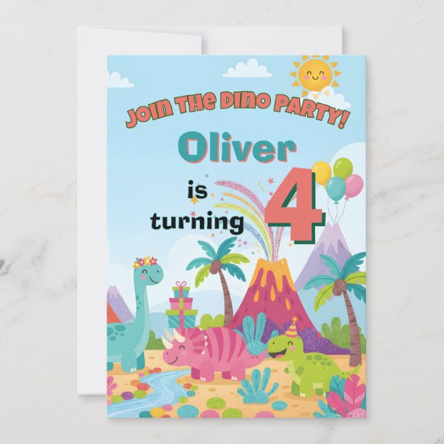 Dinosaur Birthday Invitation – 5x7 Kids Party Card Einladung (Vorderseite)