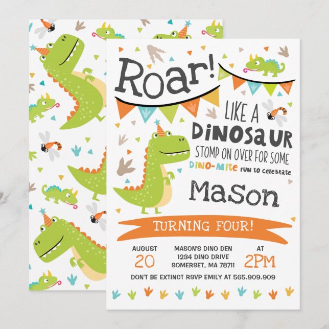 Dinosaur Birthday Invitation Dinosaur Roar Party Einladung (Vorne/Hinten)