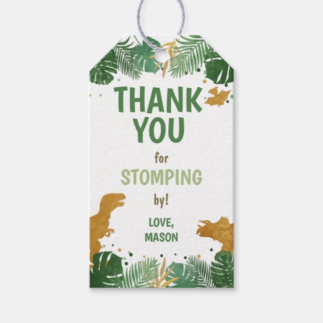 Dinosaur Birthday Labels Boy Dino Party Green Gold Geschenkanhänger (Vorderseite)