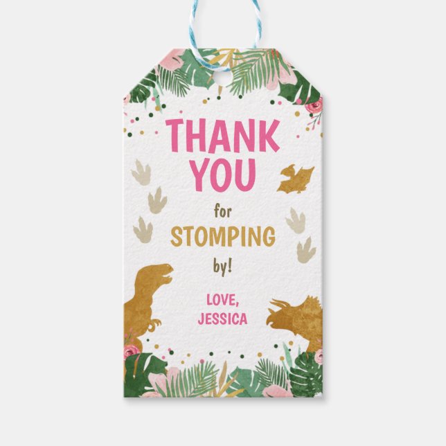 Dinosaur Birthday Labels Girl Dino Party Pink Gold Geschenkanhänger (Vorderseite)