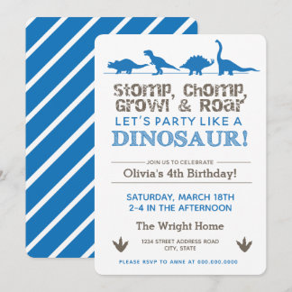 Dinosaur Birthday Party Blue Stomp Chomp Roar Einladung