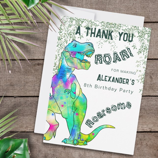 Dinosaur Birthday Party Danke (Dinosaur Birthday party personalized thank you greetings card T-rex roar for being roarsome)
