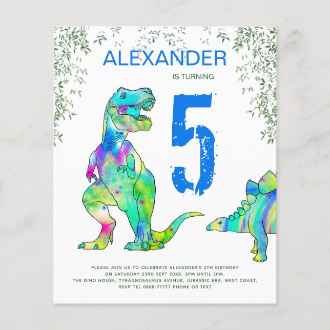 Dinosaur Birthday Party Haushalt Einladung Blue Fl Flyer (Vorne)