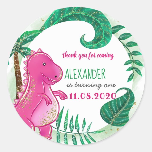 Dinosaur Birthday Party Niedlich T-Rex Pink Vielen Runder Aufkleber (Vorderseite)
